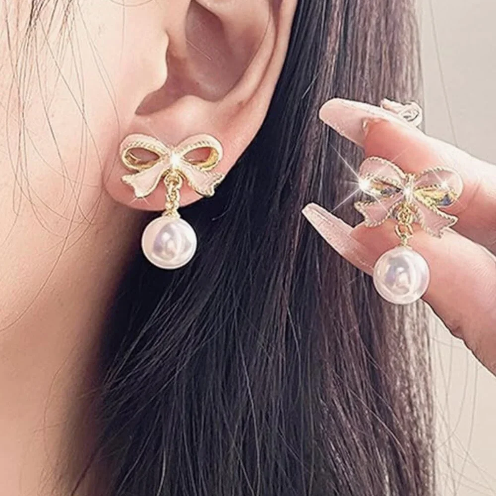 Bow Rhinestone Pearl Earrings - Picture 3 of 4